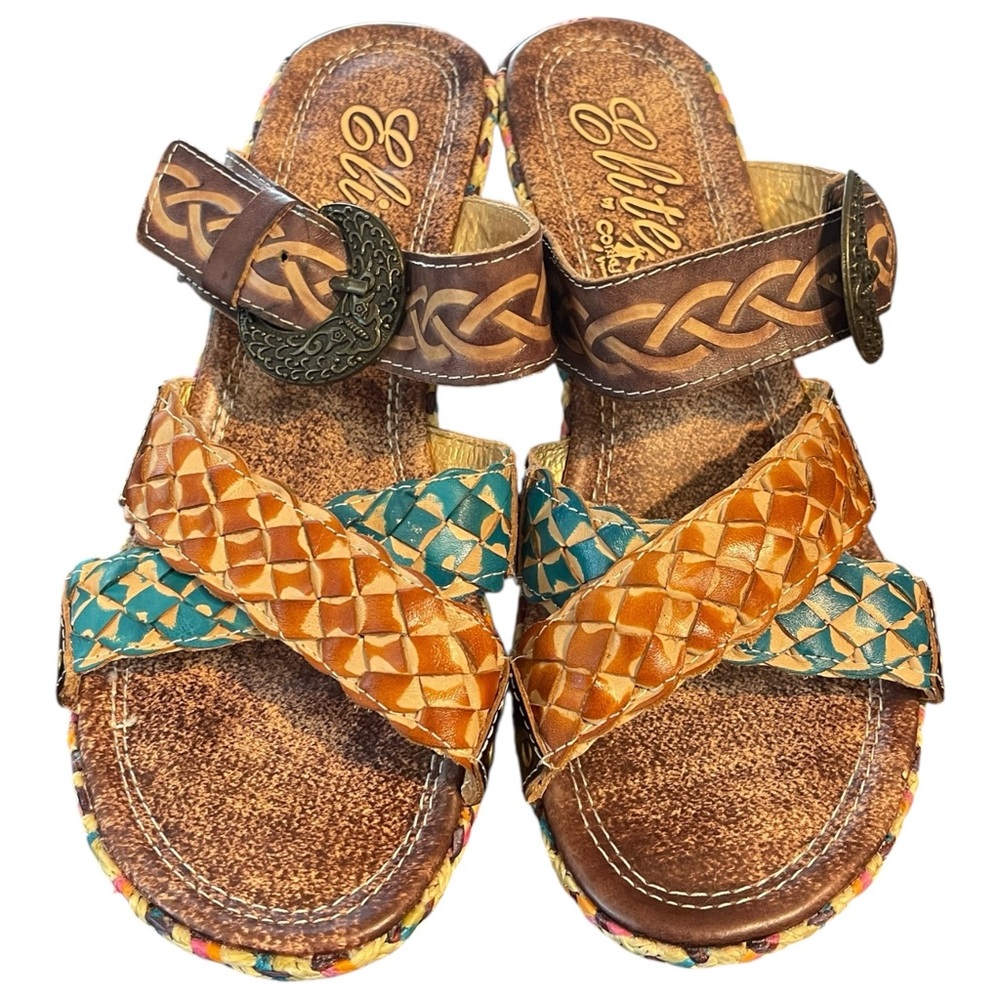 Elite Corkys Poppy Amber Multi Pattern Hand Made Leather Wedge Boho Sandals 8